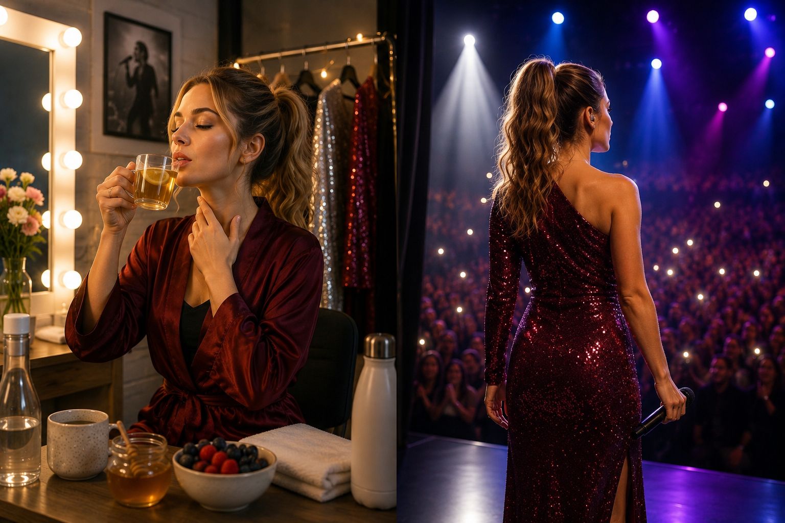 Cantora se preparando nos bastidores com chá antes do show e no palco de vestido com plateia ao fundo